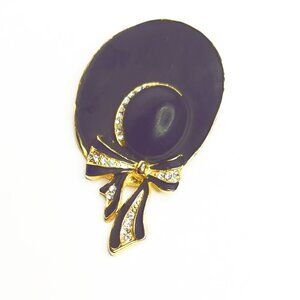 Vintage Gold-Tone Black Enamel Hat Brooch With Rhinestone Accents